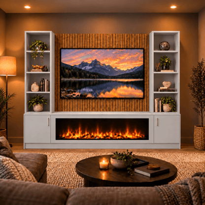 Wollaton Smooth Fireplace Media Wall Double Bookcase Unit - Large 60" Fire 3 - Online Bedrooms