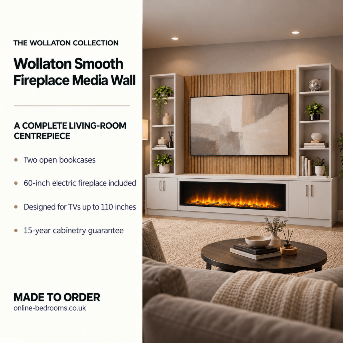 Wollaton Smooth Fireplace Media Wall Double Bookcase Unit - Large 60" Fire 2 - Online Bedrooms