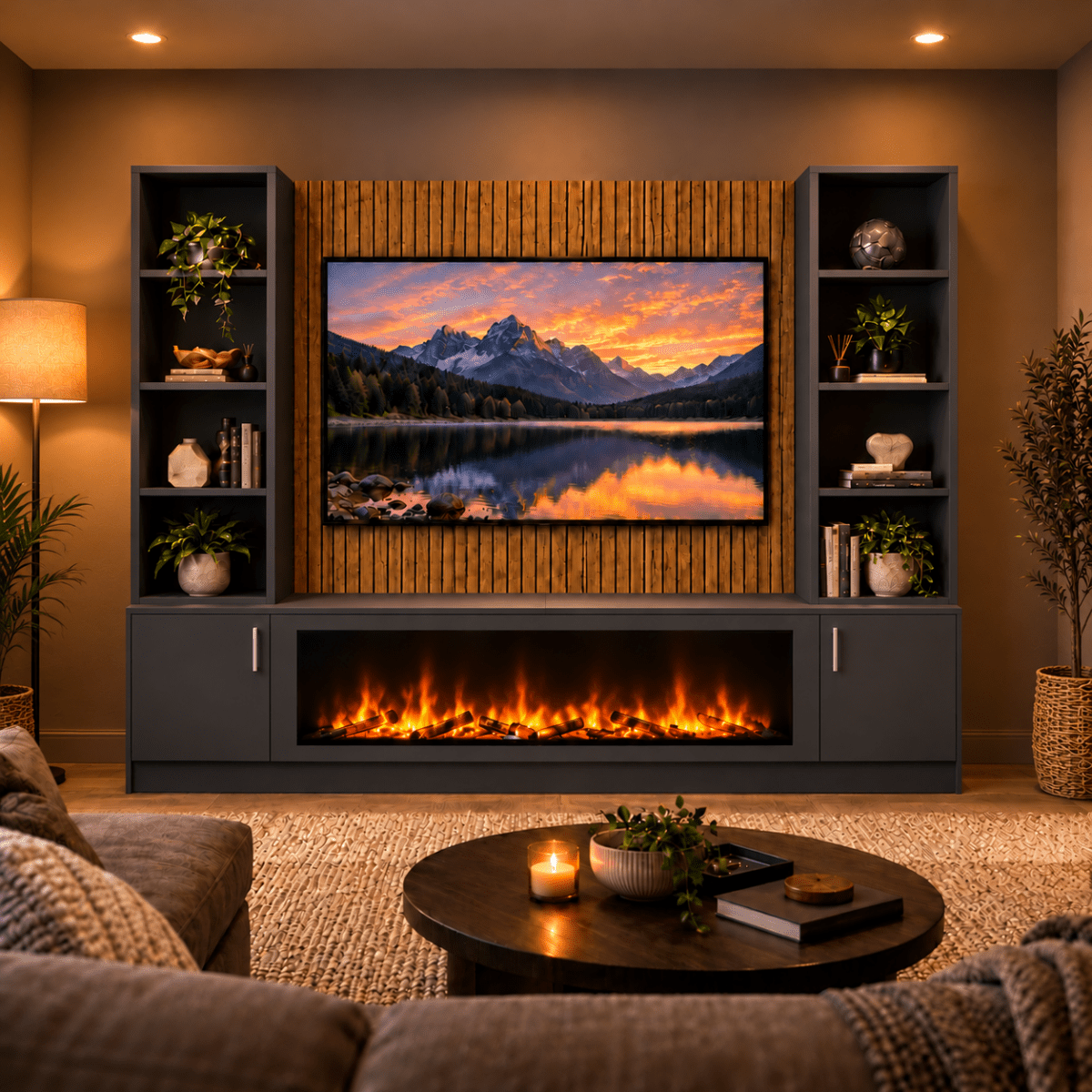 Wollaton Smooth Fireplace Media Wall Double Bookcase Unit - Large 60" Fire 1 - Online Bedrooms