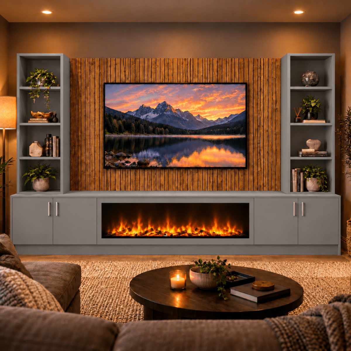 Wollaton Smooth Fireplace Media Wall Double Bookcase Unit - Large 60" Fire 11 - Online Bedrooms