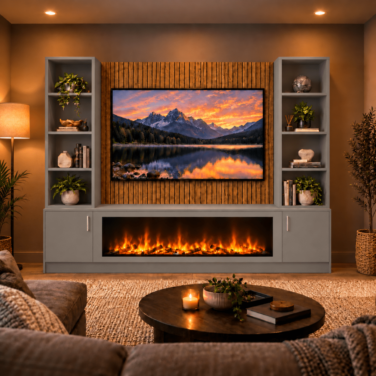 Wollaton Smooth Fireplace Media Wall Double Bookcase Unit - Large 60" Fire 4 - Online Bedrooms