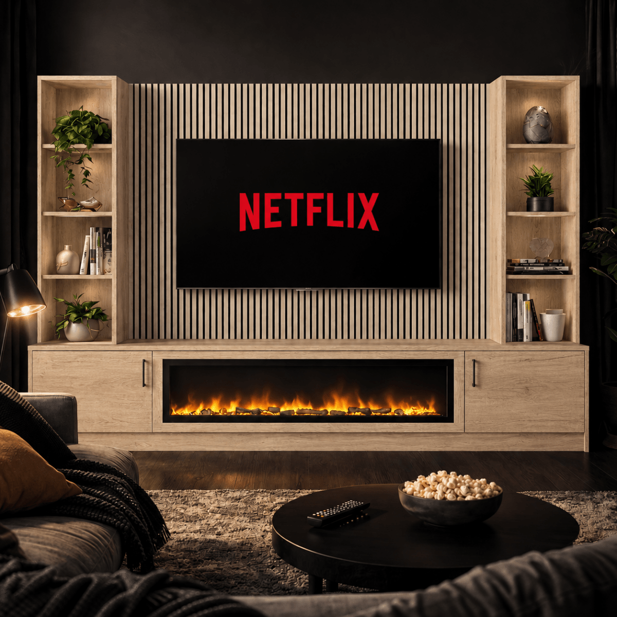 Wollaton Smooth Fireplace Media Wall Double Bookcase Unit - Large 60" Fire 17 - Online Bedrooms