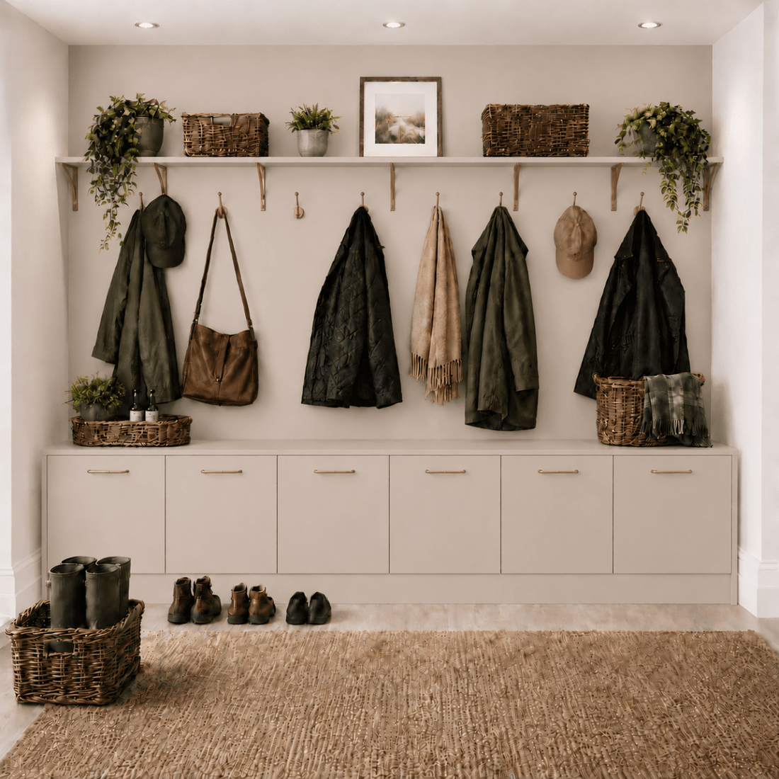 Cashmere Woodborough Modern boot room storage with coat hooks and a bench
