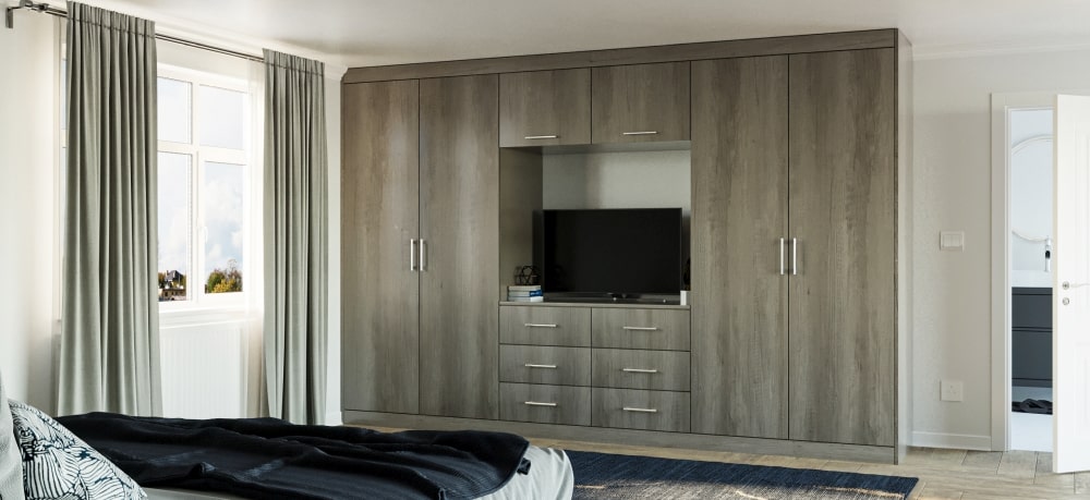 grey oak fitted wardrobe with tv space