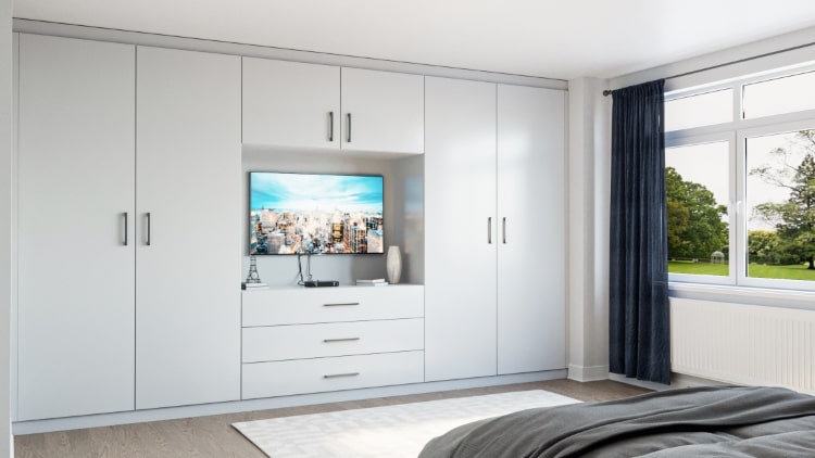 light grey wardrobe with tv area